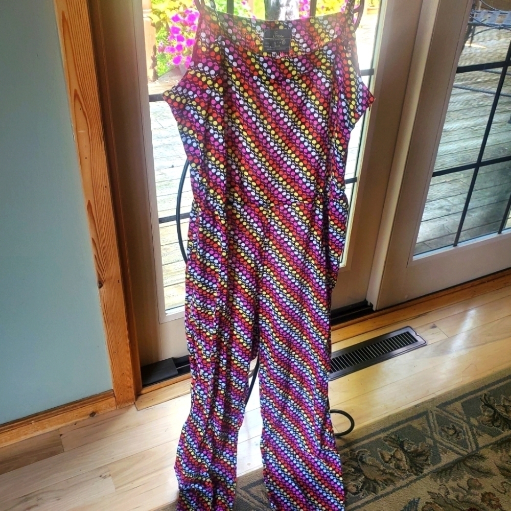 Chow Brazil Vintage Spaghetti Strap Multicolored Cinched Sz M Jumpsuit w Pockets